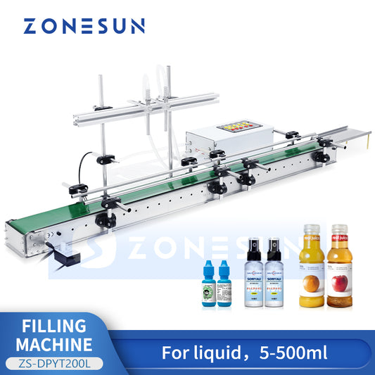 ZONESUN ZS-DPYT200L 5-500ml Máquina automática de llenado de líquidos de 2 cabezales con transportador más largo