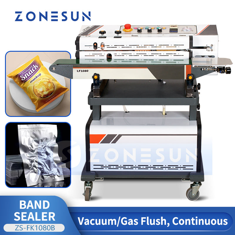 ZONESUN ZS-FK1080B Horizontal Continuous Band Sealer Vacuum Sealing Machine with Gas Flush Dry Ink Coding PE PP for Aluminum Foil Bags