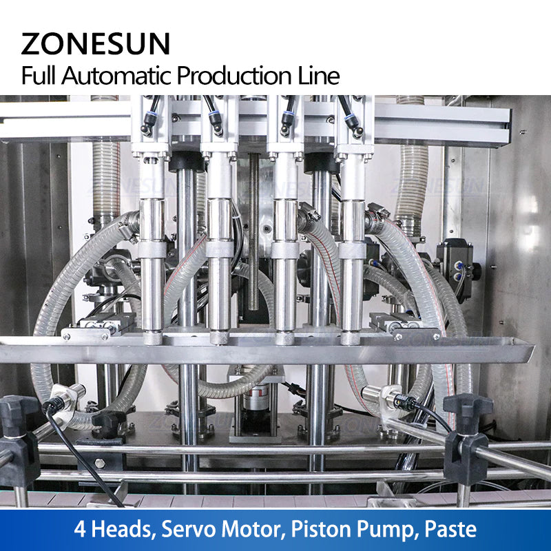 ZONESUN Full Automatic 4 Heads Servo Honey Oil Shampoo Round Bottle Jar  Filling Capping Labeling Machine for Production Line – Zonesun Auto Pack