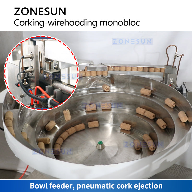 ZONESUN ZS-YG17 Automatic Wine Corking Machine and Wire Hooding Monobloc Bowl Feeder