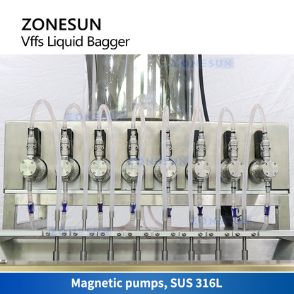 ZONESUN VFFS Liquid Bagger Monoblock Salsa picante Vinagre Condimentos Jarabes Sachet Máquina de llenado y sellado ZS-FSMP8