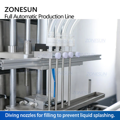 ZONESUN Fully Automatic 4 Heads Magnetic Pump Round Bottles Liquid Filling Capping Labeling Machine