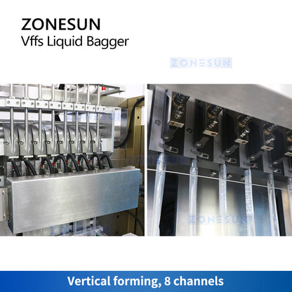 ZONESUN VFFS Liquid Bagger Monoblock Salsa picante Vinagre Condimentos Jarabes Sachet Máquina de llenado y sellado ZS-FSMP8