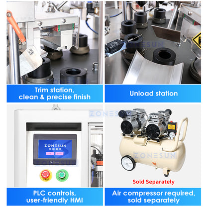 Zonesun Plastic Tube Packaging Machine Trim Station, Unload Station, and Controls.