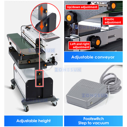 ZONESUN ZS-FK1080B Horizontal Continuous Band Sealer Vacuum Sealing Machine with Gas Flush Dry Ink Coding PE PP for Aluminum Foil Bags