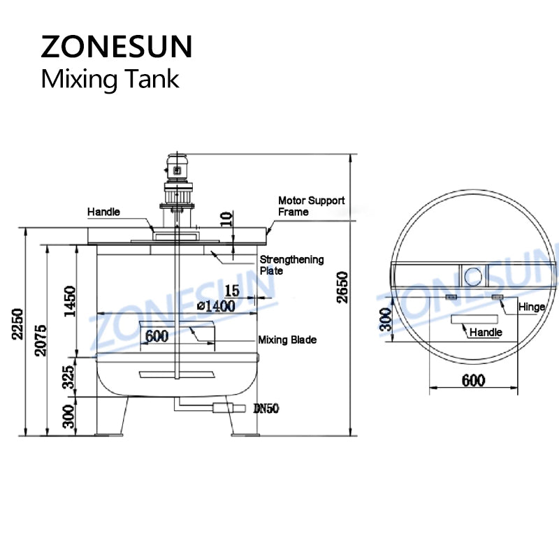 ZONESUN ZS-PPMT1500L Chemical Mixing Tank with Agitator PP Industrial Blender