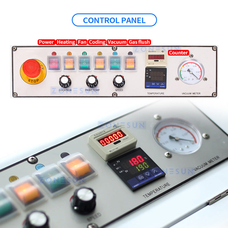 ZONESUN ZS-FK1080B Horizontal Continuous Band Sealer Vacuum Sealing Machine with Gas Flush Dry Ink Coding PE PP for Aluminum Foil Bags