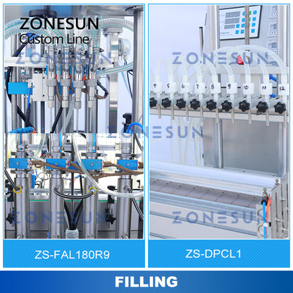 ZONESUN ZS-FAL180R9/ZS-DPCL1 Línea de producción de etiquetado, tapado, llenado automático personalizado 