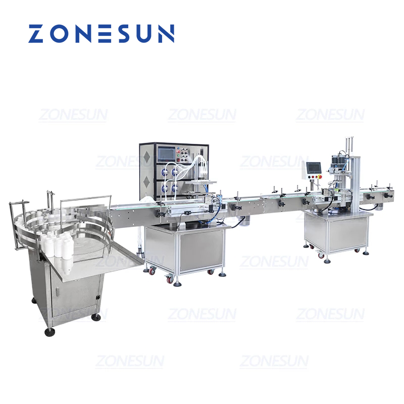 ZONESUN Small Automatic 4 Nozzles Liquid Filling Capping Machine With Bottle Unscrambler