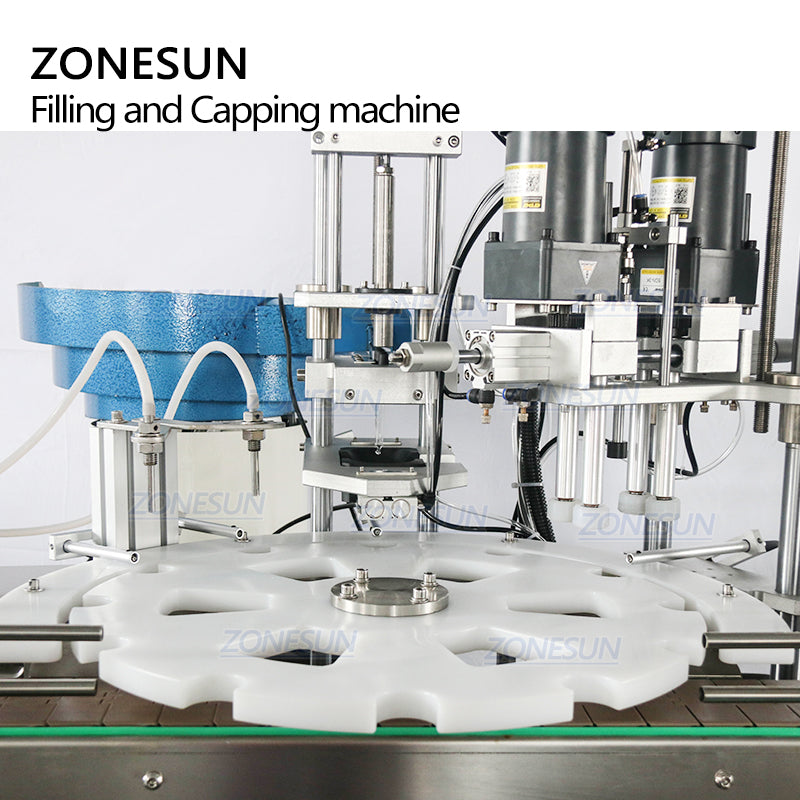 ZONESUN ZS-AFC1 Máquina automática de llenado y tapado de líquidos rotativa de 2 cabezales con alimentador de tapas 