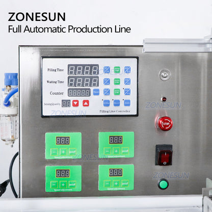 ZONESUN Tabletop 4 Nozzles Peristaltic Pump Filling Capping Labeling Machine With Bottle Unscrambler
