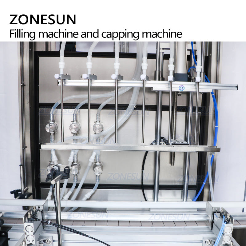ZONESUN Máquina tapadora de presión de corcho y llenado de líquidos de 6 cabezales con cubierta antipolvo