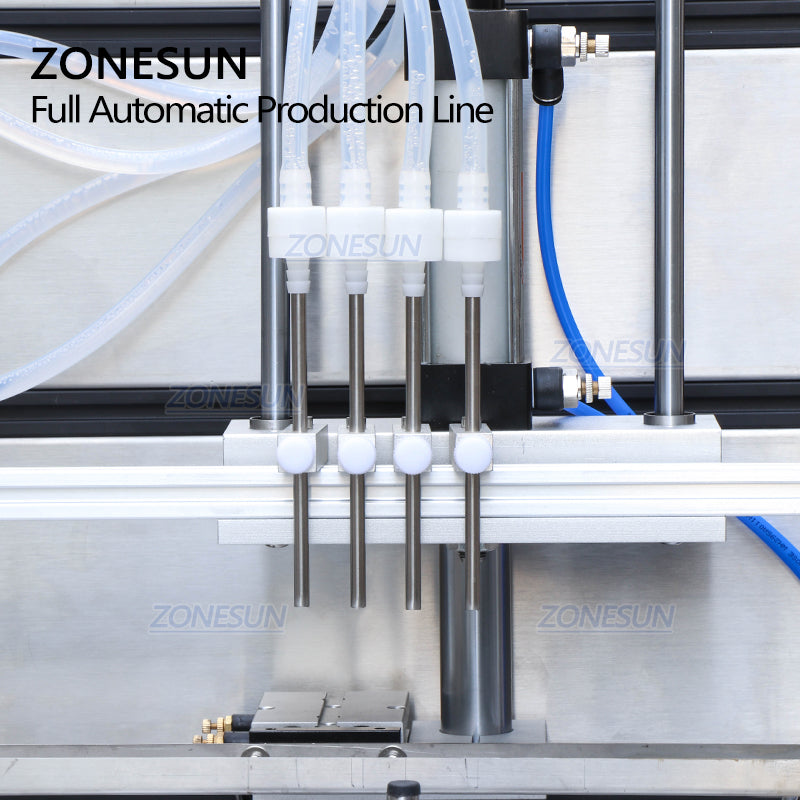 Máquina de etiquetado de botellas redondas y llenado de líquidos ZONESUN de 4 cabezales con máquina de impresión de inyección de tinta