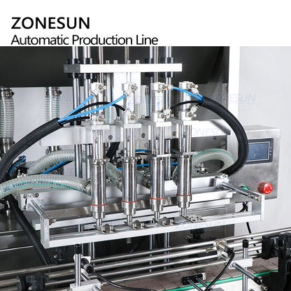 ZONESUN Custom 4 cabezales Servo Llenado de líquidos Tapado y etiquetadora plana cuadrada