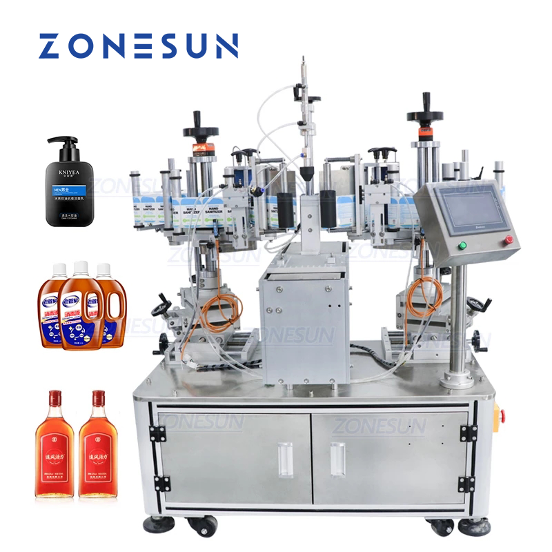 Máquina etiquetadora semiautomática de botellas cuadradas de doble cara ZONESUN XL-T806 con codificador de fecha 