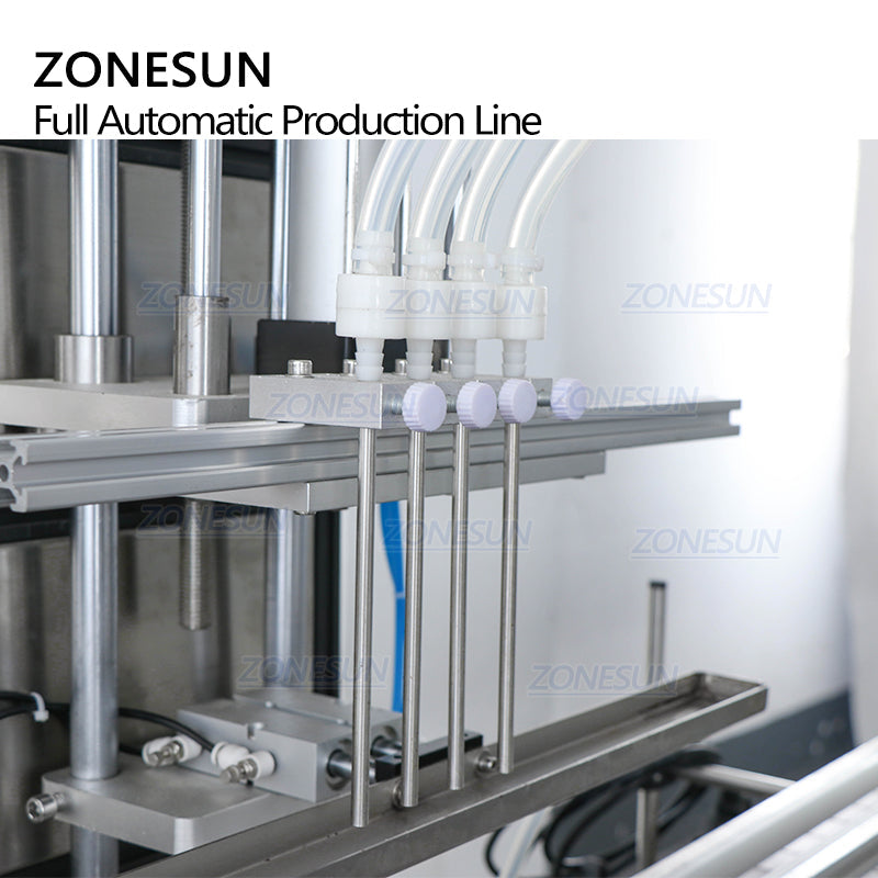 ZONESUN Fully Automatic 4 Heads Magnetic Pump Round Bottles Liquid Filling Capping Labeling Machine