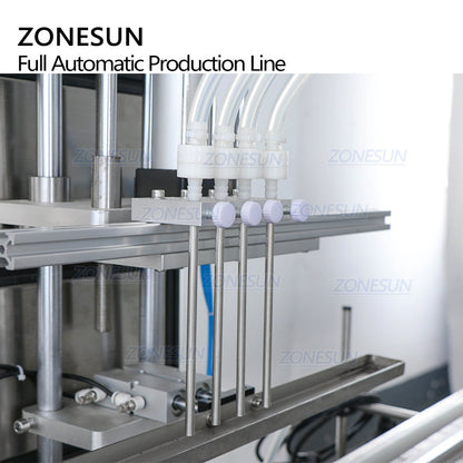 ZONESUN Totalmente automático 4 cabezales Bomba magnética Botellas redondas Líquido Llenado Tapado Máquina de etiquetado