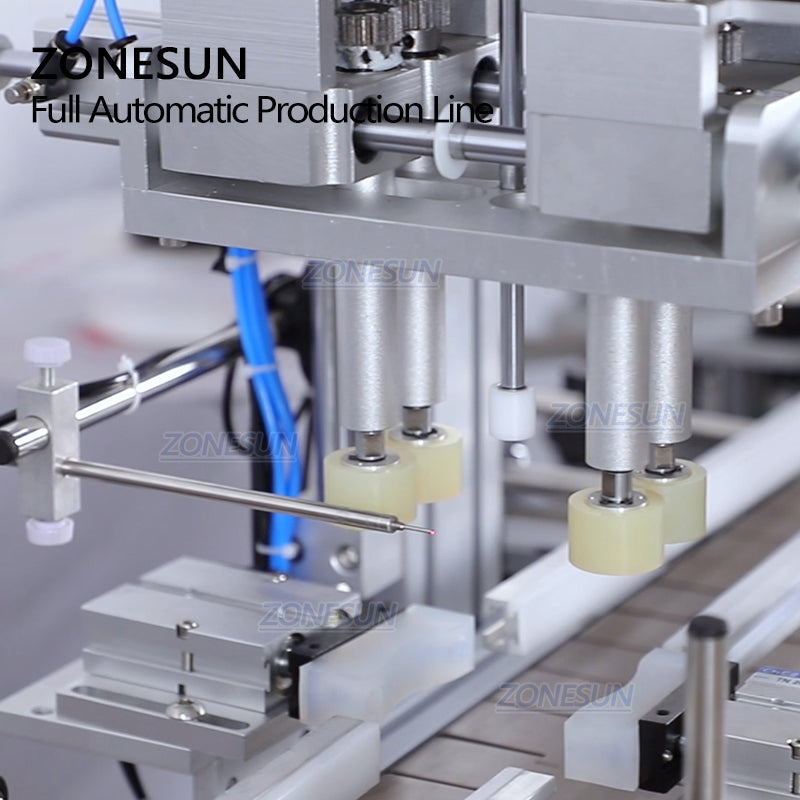 ZONESUN Tabletop 4 Nozzles Peristaltic Pump Filling Capping Labeling Machine With Bottle Unscrambler