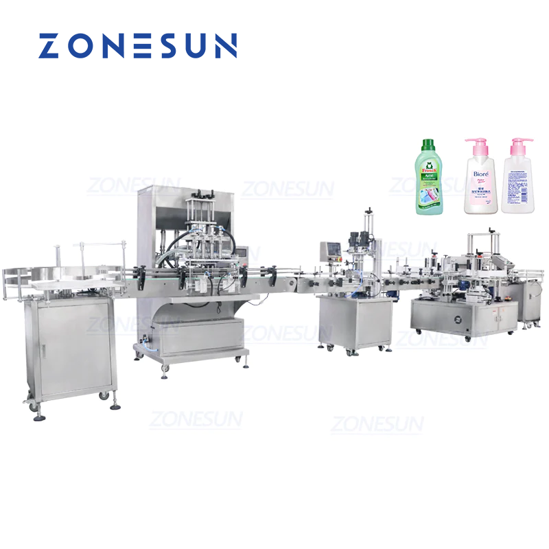 ZONESUN Custom 4 cabezales Servo Llenado de líquidos Tapado y etiquetadora plana cuadrada