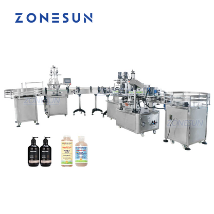 ZONESUN ZS-FAL180R4 Máquina de etiquetado, llenado y tapado de líquidos de pistón con cinta transportadora en forma de U