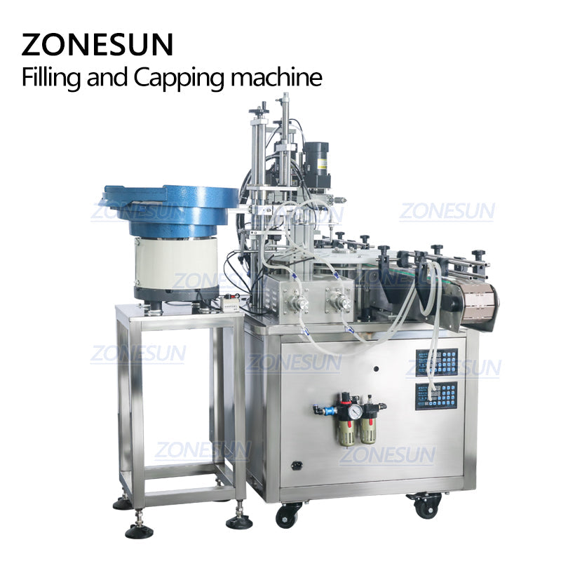 ZONESUN ZS-AFC1 Máquina automática de llenado y tapado de líquidos rotativa de 2 cabezales con alimentador de tapas 