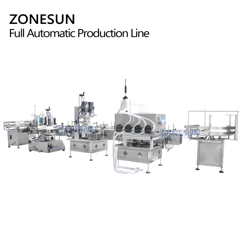 ZONESUN Tabletop 4 Boquillas Bomba peristáltica Máquina de etiquetado, llenado y tapado con descifrador de botellas