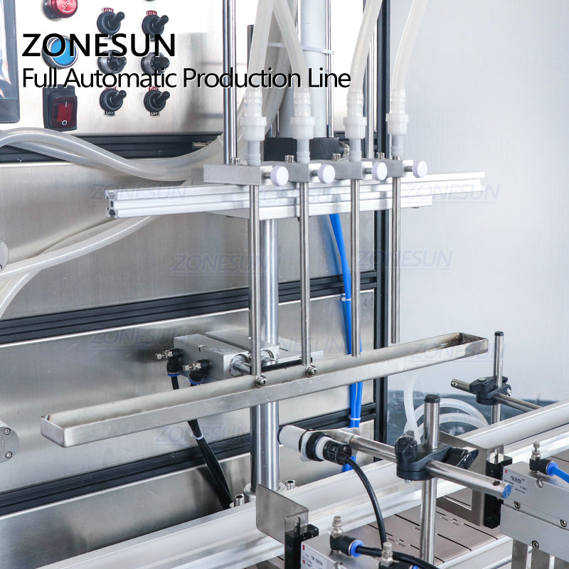 ZONESUN Máquina de etiquetado de botellas redondas y llenado de líquidos con 4 boquillas con descifrador de botellas