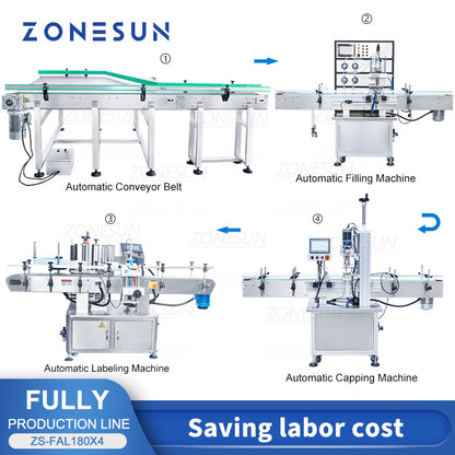 ZONESUN ZS-FAL180X4 4 Diving Nozzles Magnetic Pump Liquid Filling Capping Round Bottle Labeling Machine with Unscrambler