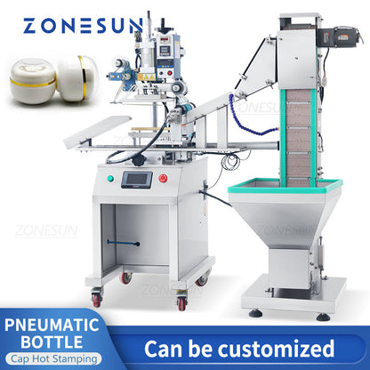 ZONESUN ZS-819R2A Máquina pneumática de estampagem a quente para tampas de garrafas com alimentador de tampas 