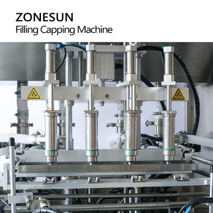 ZONESUN ZS-FAL180A9 Línea de producción de máquina de tapado de tapas de botellas irregulares y llenado de líquido de pasta de 4 boquillas personalizadas 