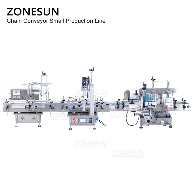 ZONESUN Small Automatic Pneumatic Filling Capping And Flat Labeling Machine With Bottle Unscrambler
