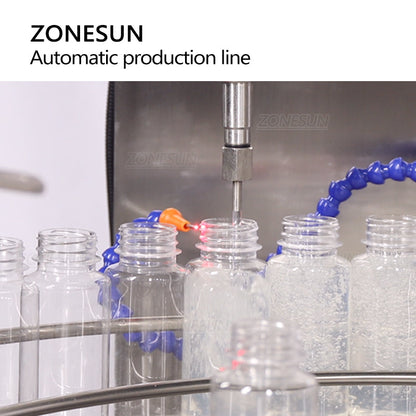 Máquina de etiquetado de botellas redondas con tapa de tornillo de llenado de pasta completamente automática ZONESUN con línea de producción Unscrabler 