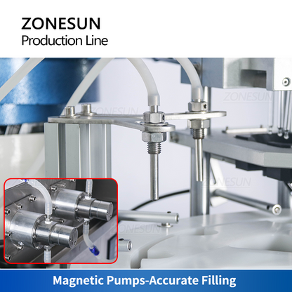 ZONESUN ZS-FAL180Z2 2 Nozzles Magnetic Pump Liquid Filling Capping Round Bottle Labeling Machine With Bottle Unscrambler