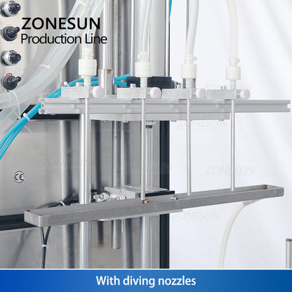 ZONESUN ZS-FAL180X4 4 Diving Nozzles Magnetic Pump Liquid Filling Capping Round Bottle Labeling Machine with Unscrambler