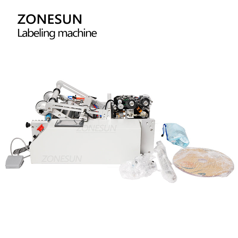 ZONESUN ZS-TB190 Máquina etiquetadora de botellas redondas de doble cara semiautomática con codificador de fecha