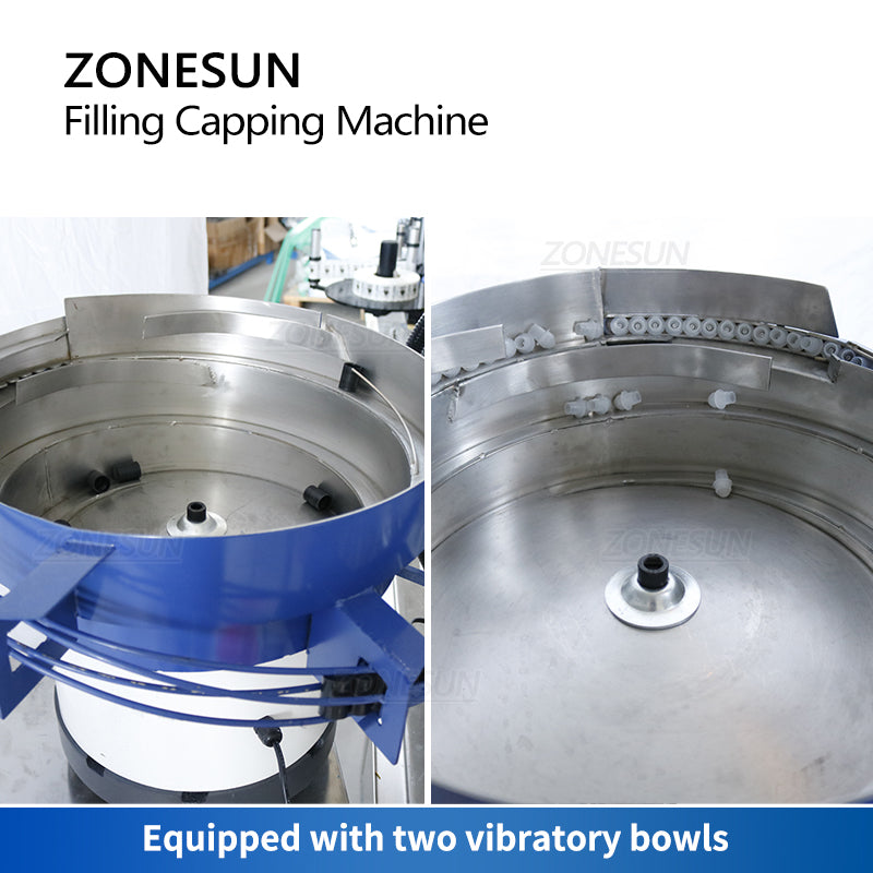 ZONESUN ZS-AFC11 Máquina automática de tampar para garrafas roll-on com bomba magnética para enchimento de líquidos com alimentador de tampas 