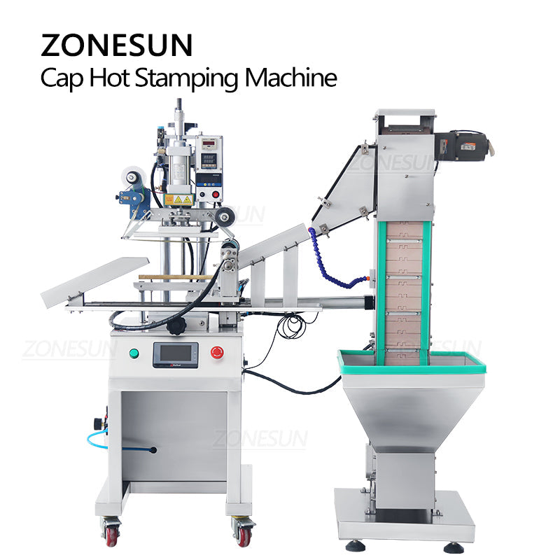 ZONESUN ZS-819R2A Máquina pneumática de estampagem a quente para tampas de garrafas com alimentador de tampas 