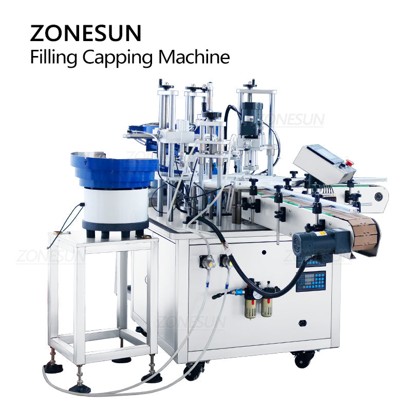 ZONESUN ZS-AFC11 Máquina automática de tampar para garrafas roll-on com bomba magnética para enchimento de líquidos com alimentador de tampas 