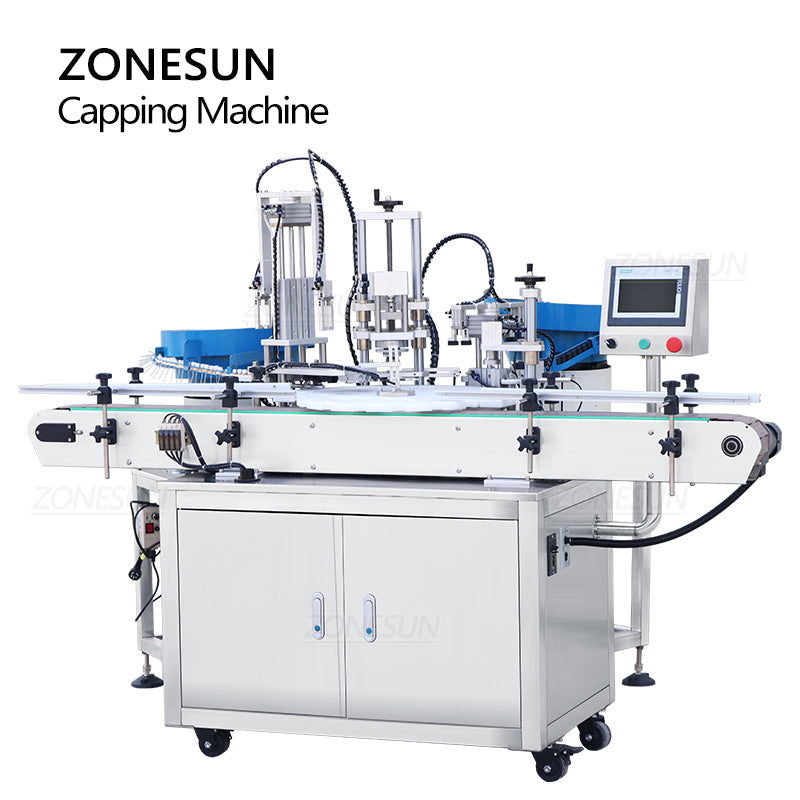 ZONESUN ZS-AFC8 Máquina de tampar garrafas redondas com cabeçote giratório de pulverização com alimentador de tampas 