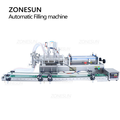 ZONESUN ZS-DTYT2L Máquina neumática de llenado de líquido de pistón de 2 boquillas con cinta transportadora 
