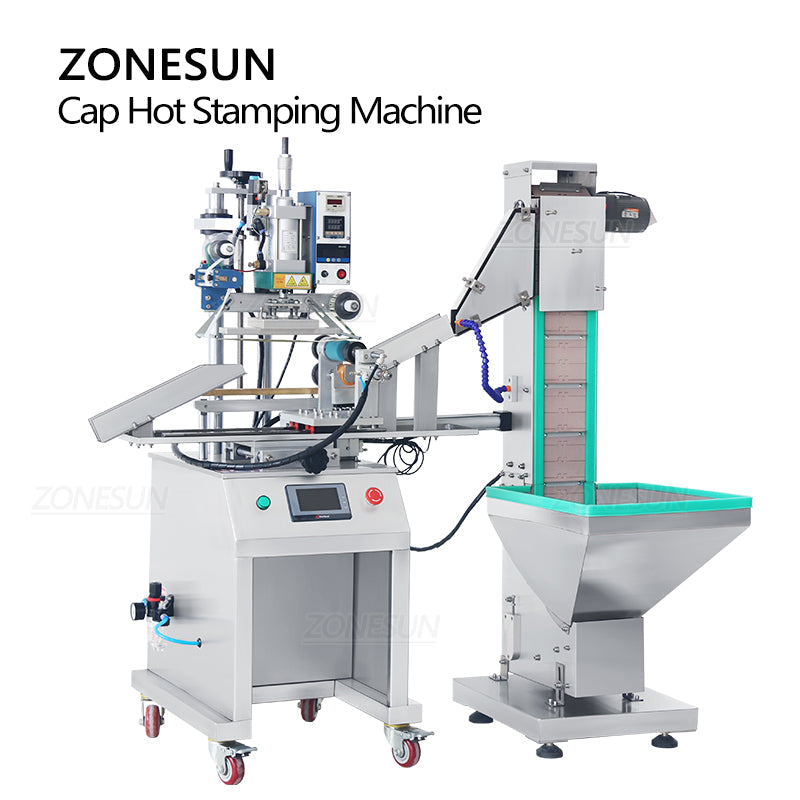 ZONESUN ZS-819R2A Máquina pneumática de estampagem a quente para tampas de garrafas com alimentador de tampas 