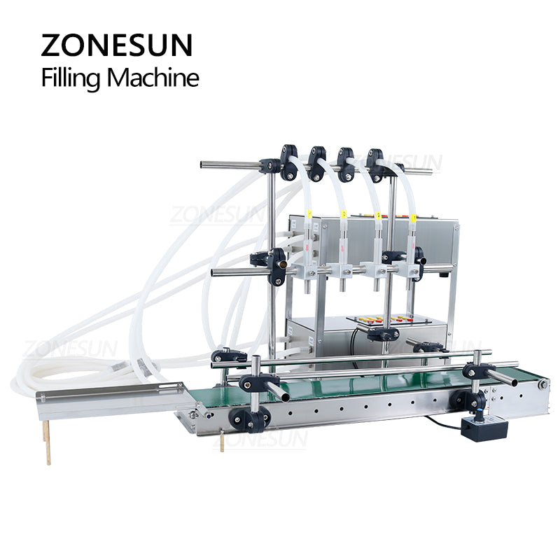 ZONESUN ZS-DTDP4G Máquina automática de llenado de líquidos con bomba de diafragma de 4 boquillas con transportador 
