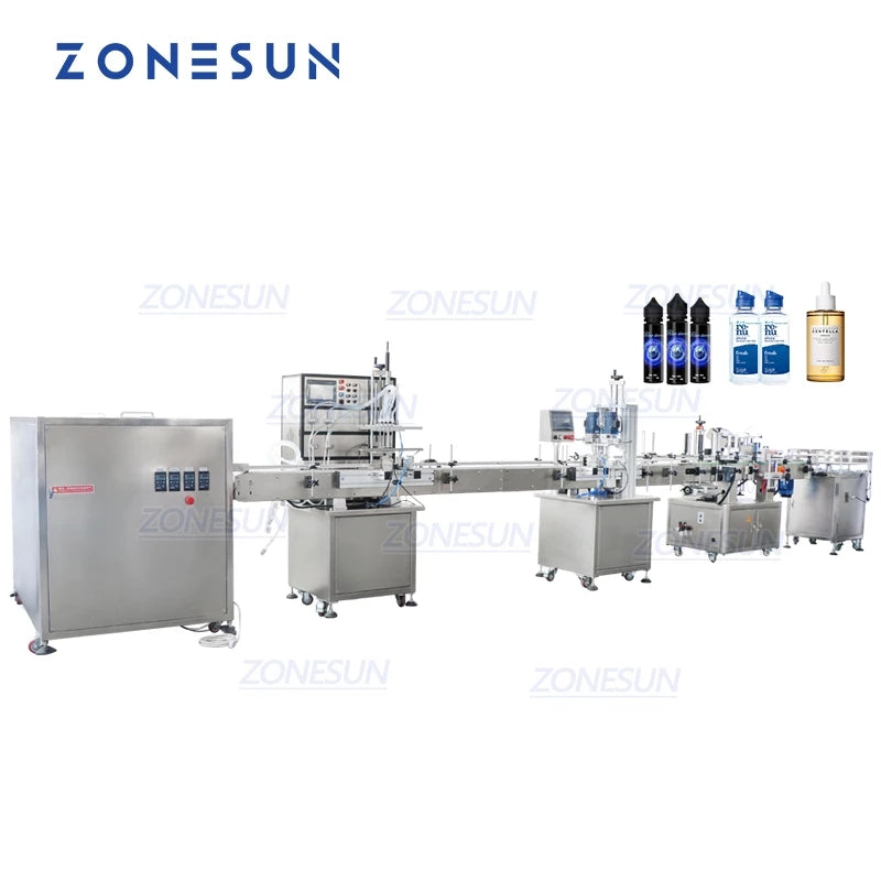 ZONESUN Totalmente automático 4 cabezales Bomba magnética Botellas redondas Líquido Llenado Tapado Máquina de etiquetado